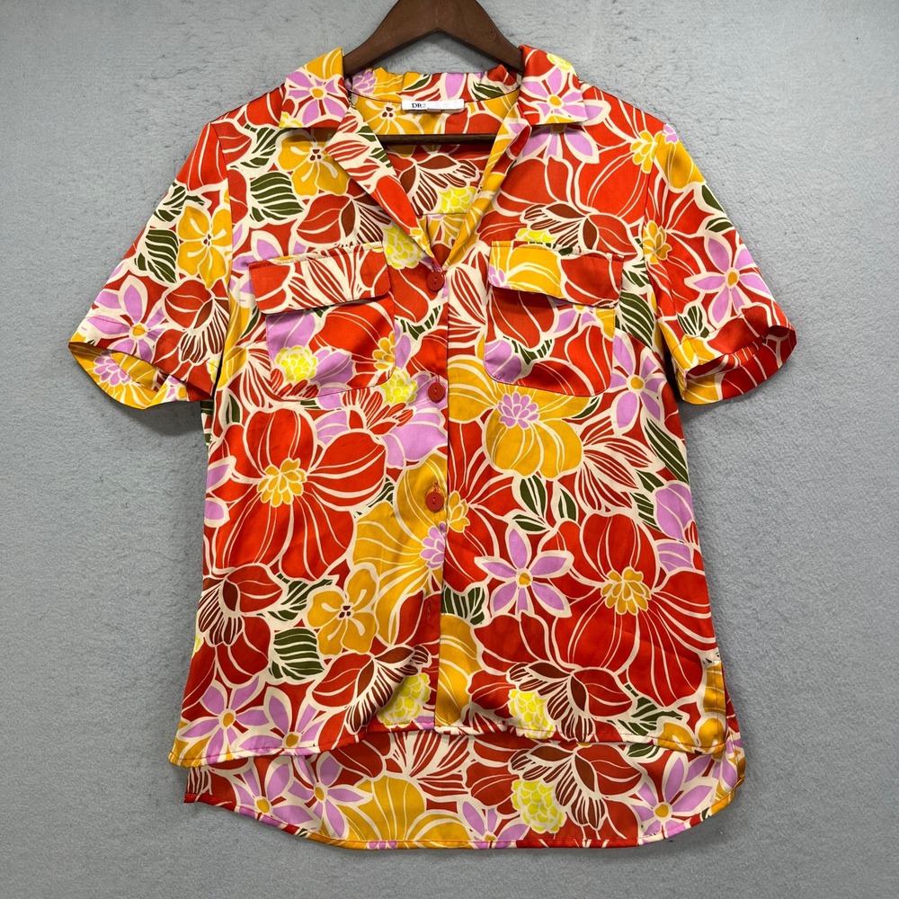 DR2 Button Up Shirt Womens Small Orange Yellow Floral Satin Hawaiian Tropical
